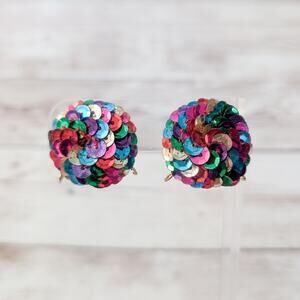 Vintage Clip On Earrings Multi Colored Sequins